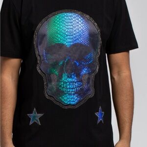 Hudson Jeans Black Tee with Blue Skull Graphic